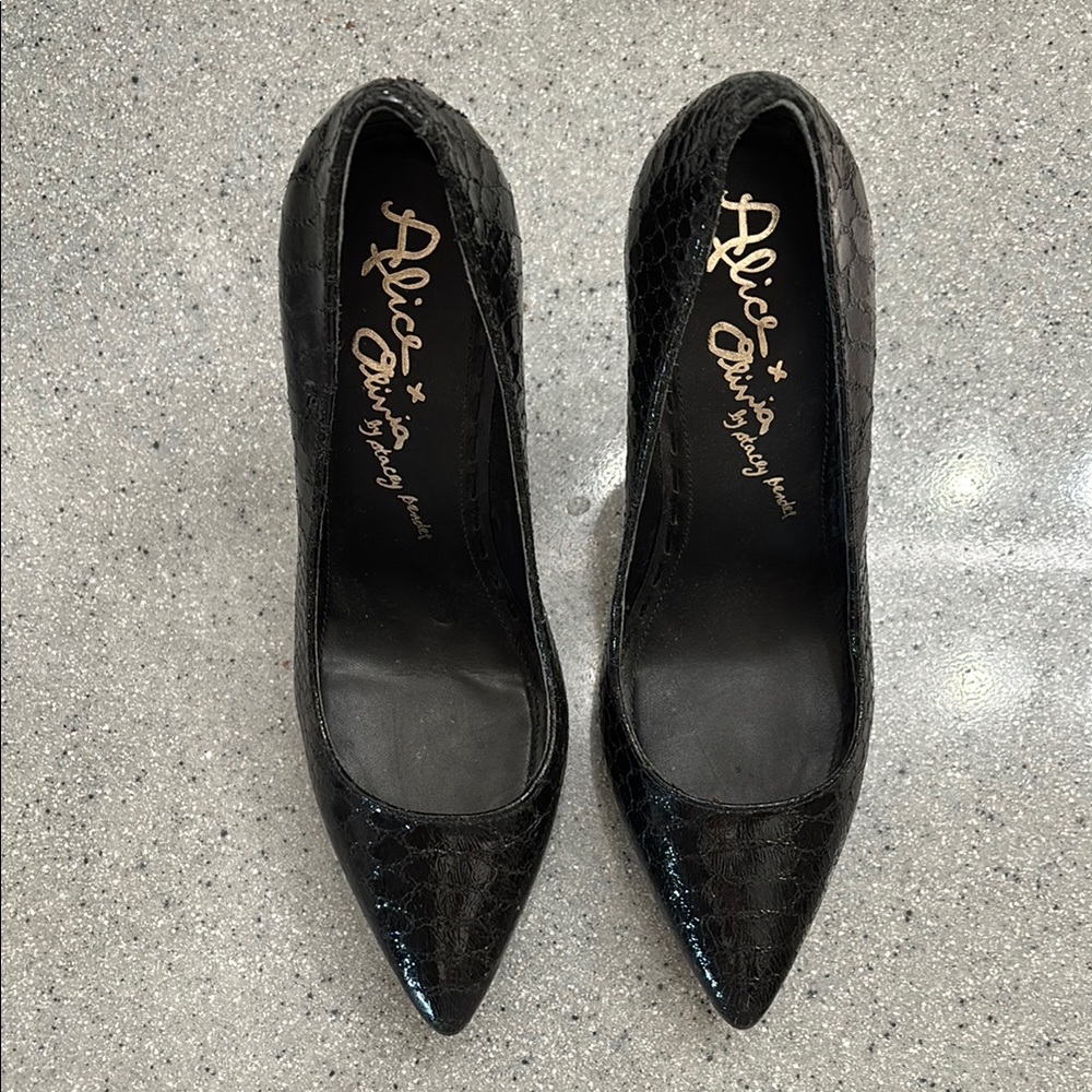 Alice + Olivia Black Snakeskin Heels